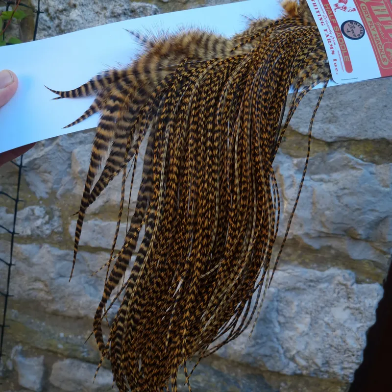 Whiting 1/2 BRONZE Grade Dry Fly Rooster Saddle in Grizzly Dyed March Brown-4